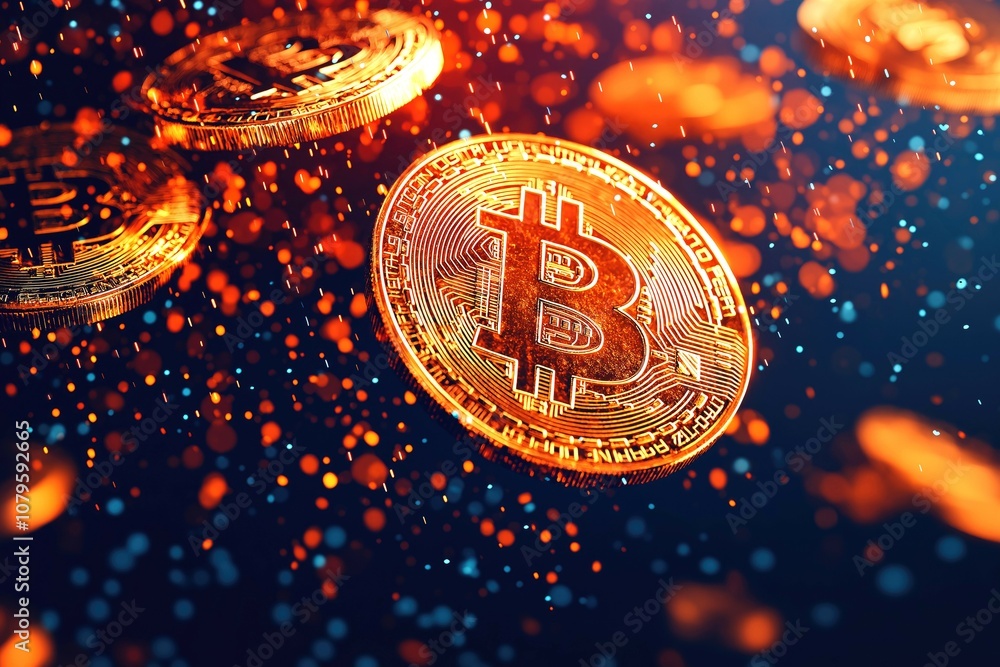 Poster close-up view of shiny bitcoin coins floating in dark background surrounded by glowing particles in 
