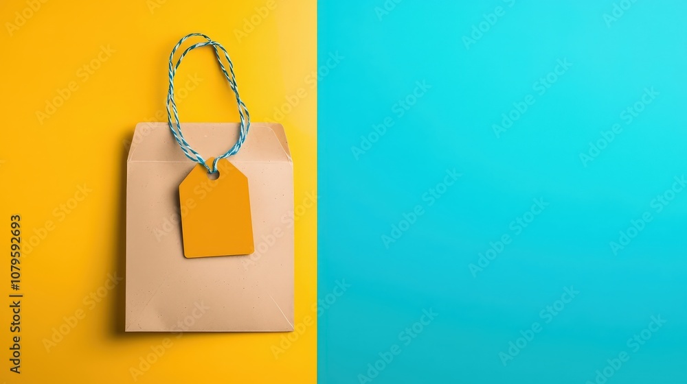 Poster envelope with discount tag at center for a website isolated random pastel color background