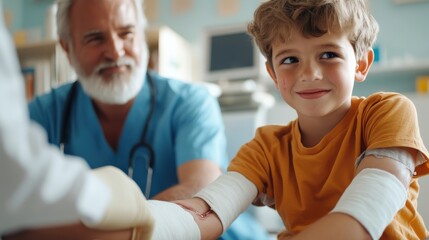 A young boy with bandaged arms receives medical care from a doctor in a clinic, showing resilience and bravery with a reassuring and hopeful smile.