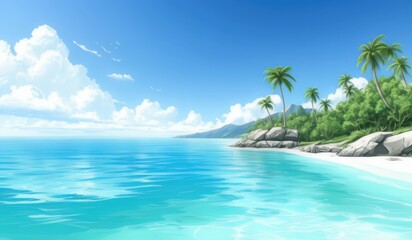 a view of a beach with palm trees and a blue ocean