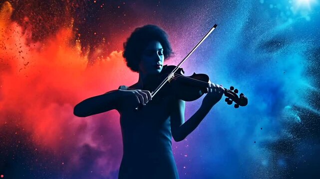  Violinist playing against a vibrant and artistic background of red and blue hues.