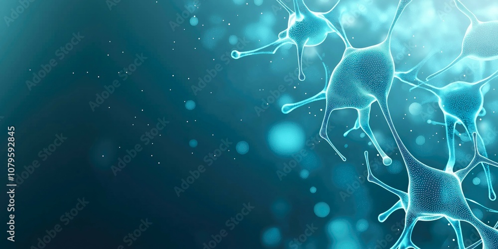 Poster abstract depiction of neurons showcasing complex structures in shades of blue and teal representing 