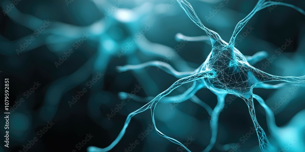 Poster close-up view of glowing neurons in blue tones showcasing neural connections and synapses representi