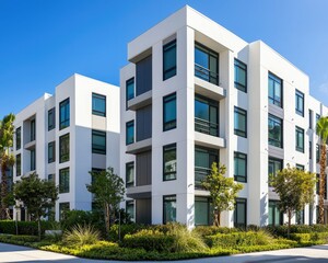 Modern apartment building with sleek architecture, surrounded by lush greenery under a clear blue sky.