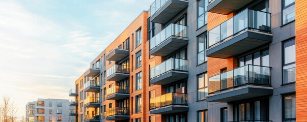 Modern apartment building with balconies, basking in warm evening light, showcasing urban architecture and contemporary design.
