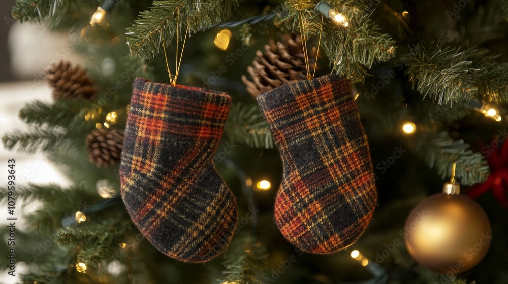 Poster two plaid christmas stockings are suspended from a tree adorned with twinkling lights and ornaments.