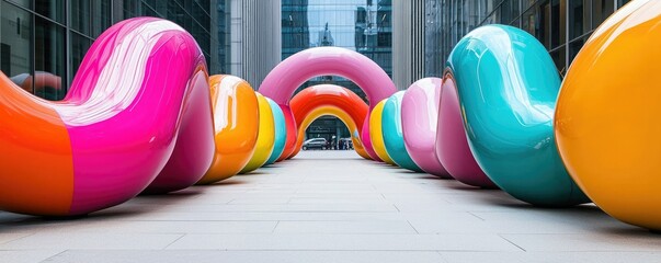A colorful installation of oversized inflatable rings lines a city street, creating a playful urban art display amid the skyscrapers.