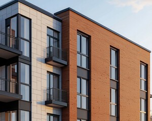 Fototapeta premium Modern residential building featuring a mix of brick and panel exteriors, large windows, and balconies, set against a clear sky.