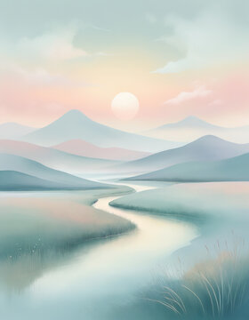 Paisaje abstracto con formas fluidas en tonos pastel, evocando serenidad y calma