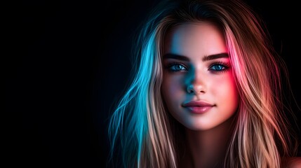 Fototapeta premium A young woman with striking blue eyes and long, flowing hair stands against a dark background. The lighting creates a captivating atmosphere that enhances her features.
