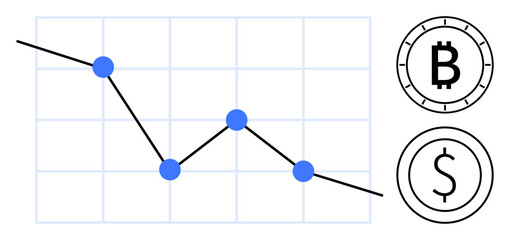 Line chart with blue data points showing decline, Bitcoin and dollar currency symbols. Ideal for financial analysis, cryptocurrency trends, stock market insights, economic forecasts, business