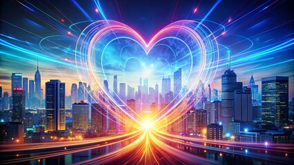 Fototapeta premium A luminous heart-shaped energy field embraces a vibrant cityscape, showcasing the interconnectedness of technology and urban life.