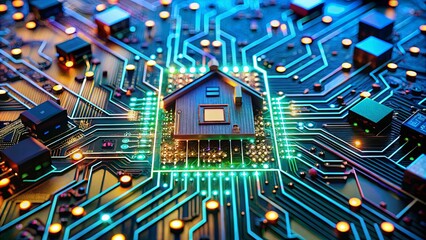 A miniature house placed on a glowing circuit board, signifying the interconnected nature of modern living and technology.