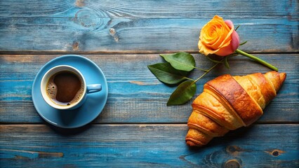 Fototapeta premium A blue cup of coffee, a golden croissant, and a single blooming rose adorn a weathered blue wooden surface, creating a moment of simple, elegant beauty.