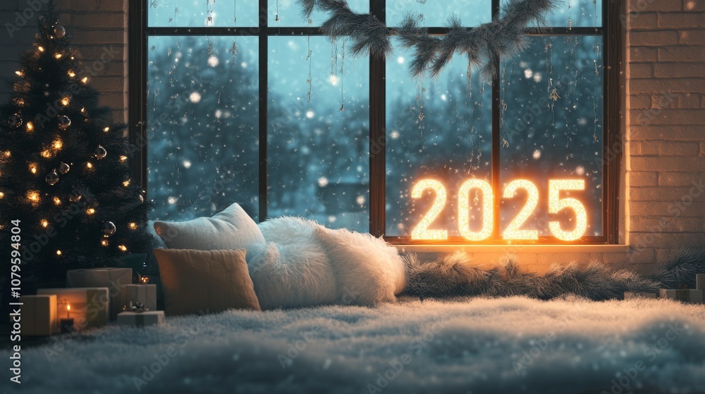 Poster a warm, inviting indoor space features glowing numbers representing 2025, surrounded by a festive ch