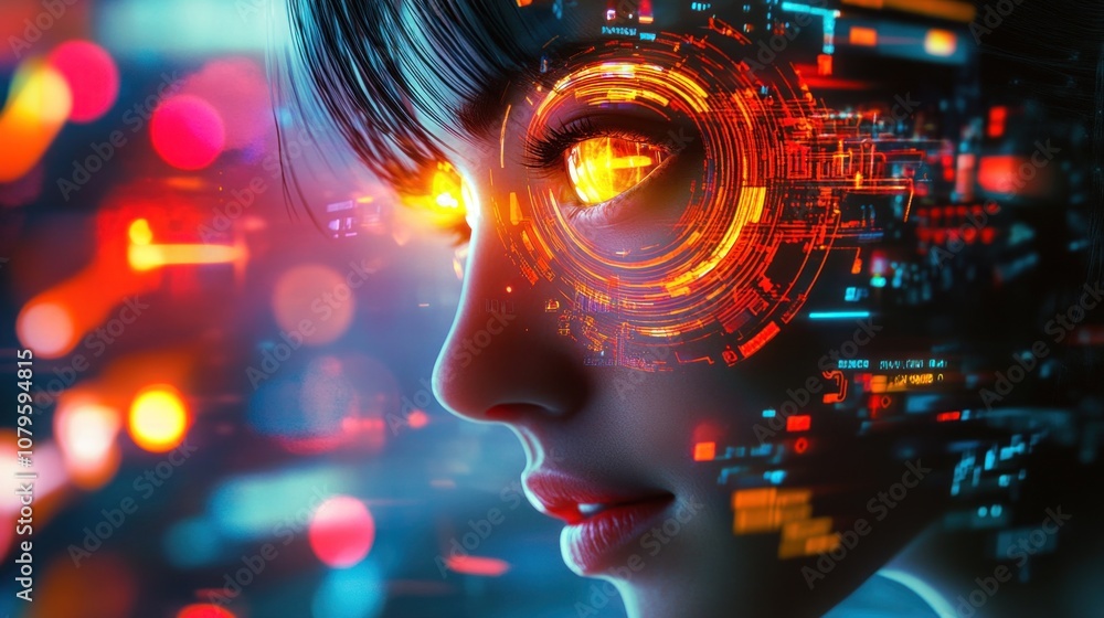 Aufkleber futuristic cyborg face on abstract background. 3d rendering - generated ai