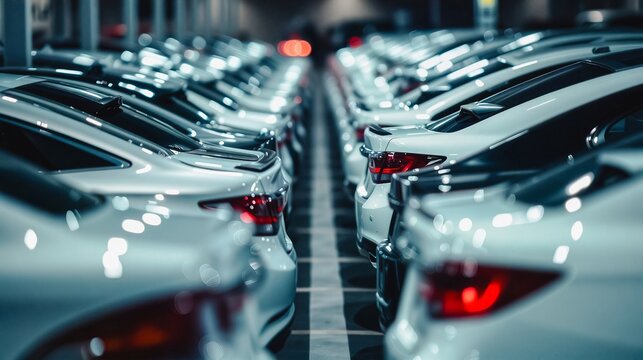 Row of Pristine White Cars in Showroom, A line of spotless white cars neatly arranged in a showroom or garage. The side perspective highlights their sleek designs and modern aesthetics.