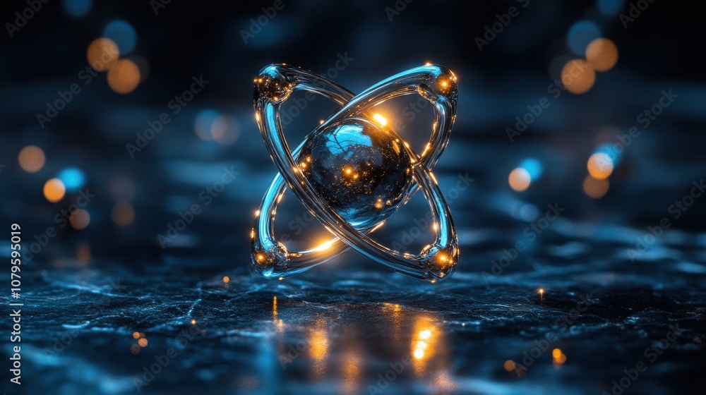 Aufkleber physics atom with dark blue background 3d rendering