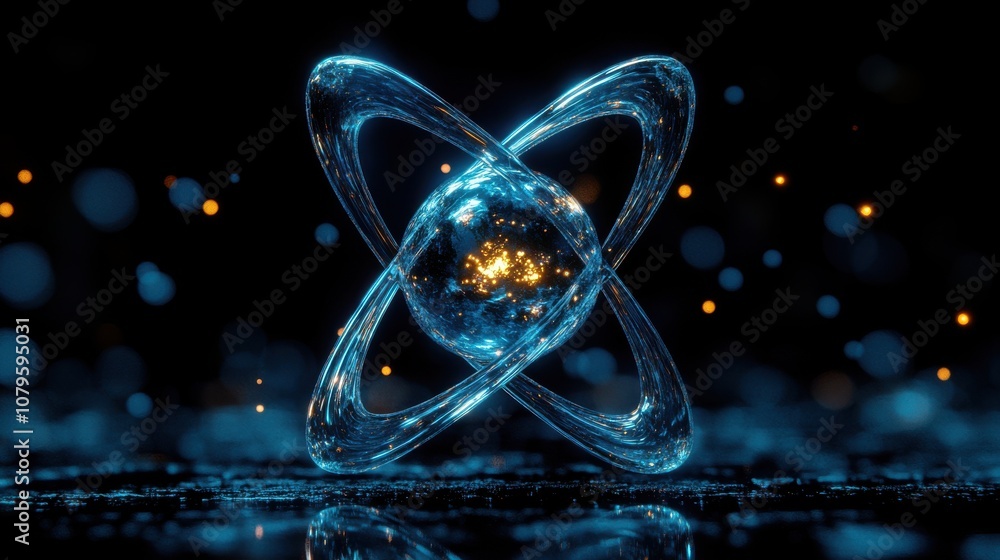 Poster physics atom with dark blue background 3d rendering