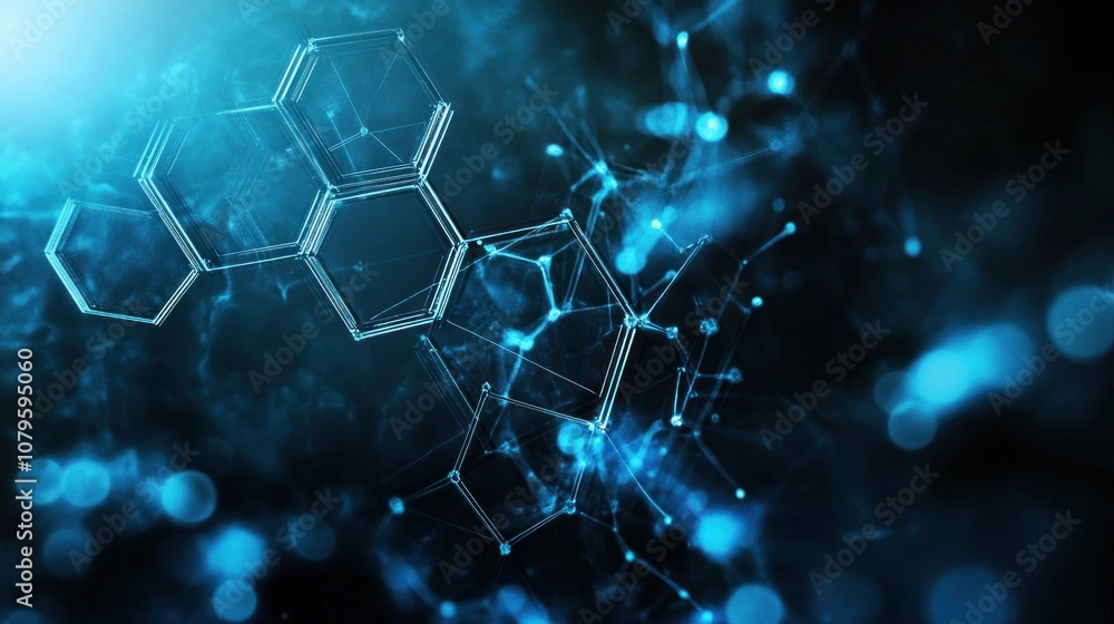 Poster 3d rendering of a medical background with hexagons and particles in blue - generated ai