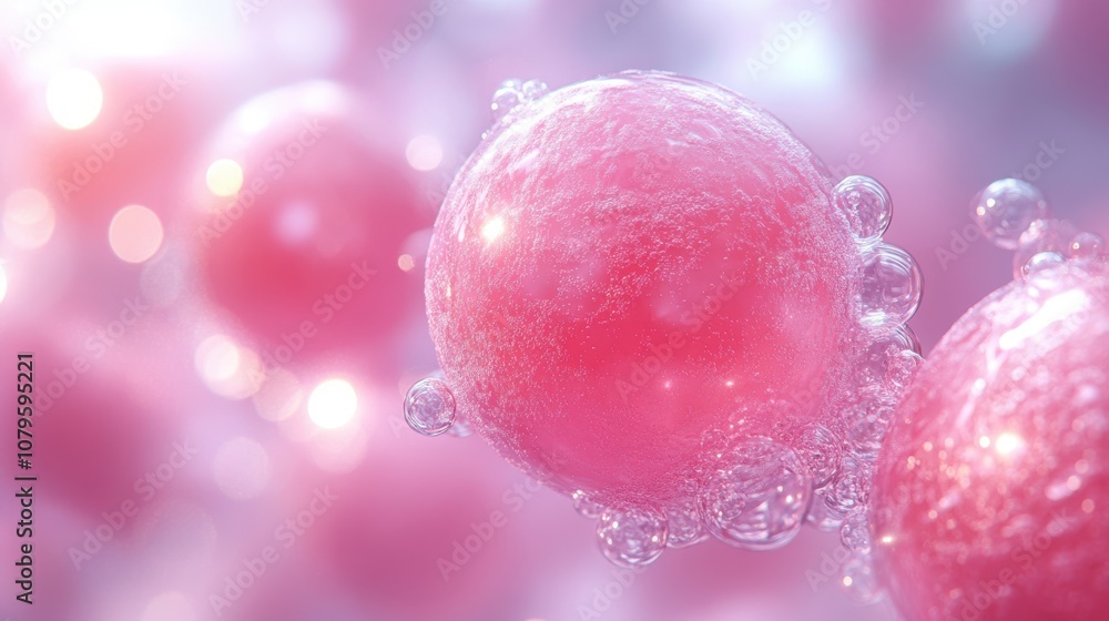 Poster pink molecule and soft bubbles background 3d rendering