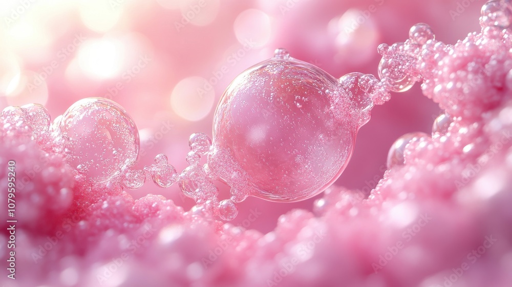 Poster pink molecule and soft bubbles background 3d rendering