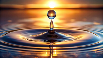 A droplet of water suspended in time, its reflection mirroring the golden hues of a setting sun, creates a mesmerizing dance of light and ripples.