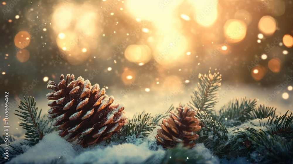 Poster christmas background with fir branches and pine cones covered with snow on bokeh background - genera