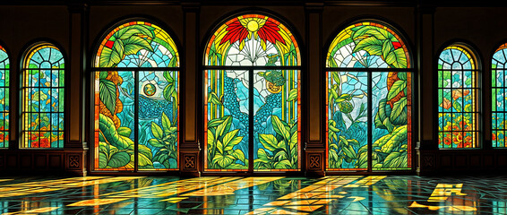 Art Nouveau Floral Stained Glass Window in Sunlit Archway