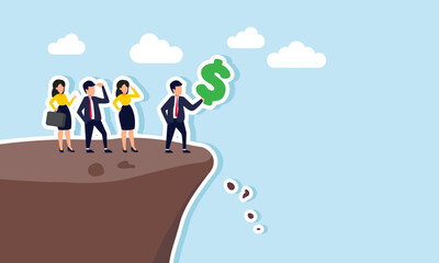 several businessmen watching a businessman holding a dollar sign at the edge of a cliff, illustration of a business investment at risk of loss and bankruptcy
