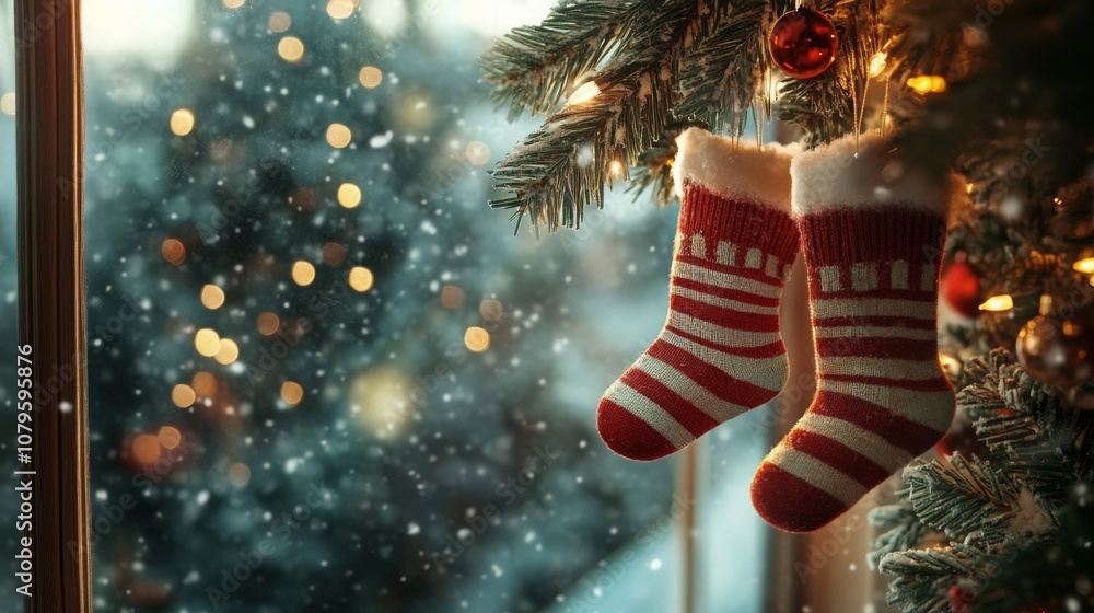 Poster two red and white striped stockings hang from a christmas tree branch, surrounded by twinkling light