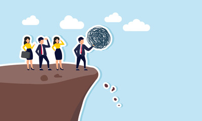 several businessmen watching a businessman holding something disorganized at the edge of a cliff, illustration of discarding complex business management for more effectiveness