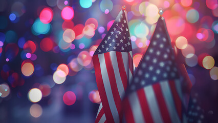 Obraz premium American Flags with Bokeh Lights for Celebration