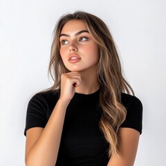 Fototapeta premium Contemplative Woman in Black Shirt on Neutral Background