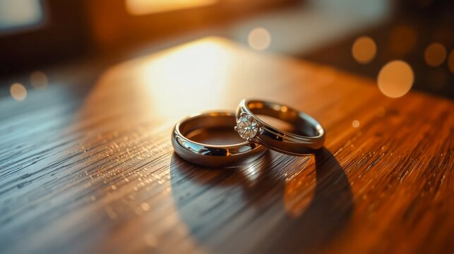 Two elegant silver wedding rings lie intertwined on a warm, weathered wooden surface bathed in soft sunlight. This image symbolizes love, commitment.