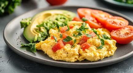 Closeup of scrambled eggs with tomatoes, avocado, and parsley on a grey plate.