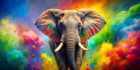 A majestic elephant stands amidst a vibrant explosion of color, its powerful presence commanding attention, as the ethereal clouds of powder paint a breathtaking spectacle.