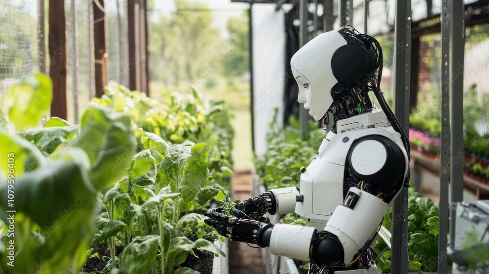 Poster robot working in a greenhouse. technology and artificial intelligence concept. - generated ai