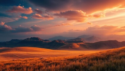 Obraz premium a view of a field of wheat with mountains in the background