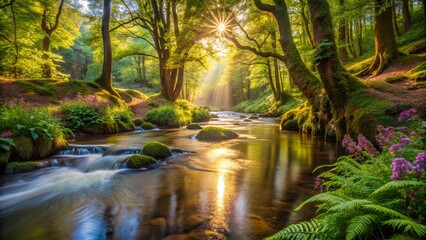 Sunbeams Dancing on a Tranquil Forest Stream, Reflecting a Golden Glow Amidst Lush Greenery and Cascading Water