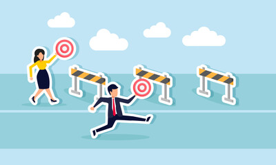 businessman and businesswoman each carrying a target board racing with different obstacles, illustration of business competition in achieving targets with various business challenges
