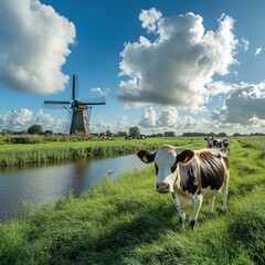 Cow Grazing by a Dutch Windmill on a Sunny Day
