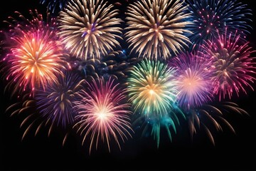 Fototapeta premium Colorful fireworks lighting up the night sky in celebration, with bright explosions and sparkling stars, perfect for a festive holiday or New Year's event