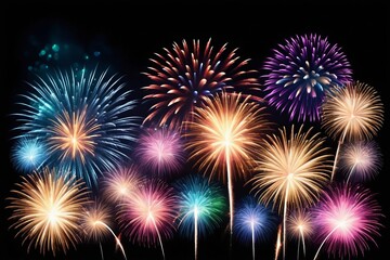 Fototapeta premium Colorful fireworks lighting up the night sky in celebration, with bright explosions and sparkling stars, perfect for a festive holiday or New Year's event