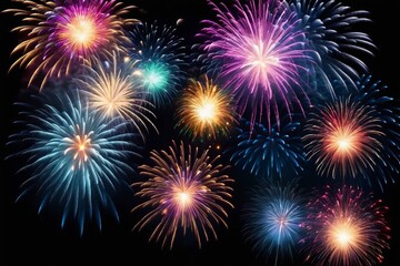 Obraz premium Colorful fireworks lighting up the night sky in celebration, with bright explosions and sparkling stars, perfect for a festive holiday or New Year's event