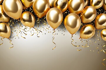 golden balloons on a solid background with festive decorations and confetti for birthday or holiday celebrations, copy space