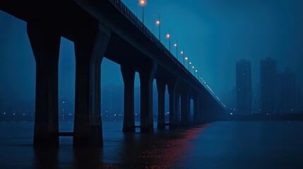 A long concrete bridge with streetlights stretches over a body of water at night. The water is calm and reflects the lights.  A city skyline can be seen in the distance.