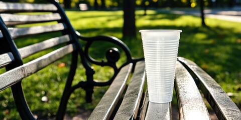 A clear plastic cup rests on a park bench in a sunlit green space.