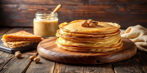 A stack of golden-brown crepes topped with nuts, sitting on a wooden board, with a jar of creamy sauce in the background, inviting a sweet and savory indulgence.