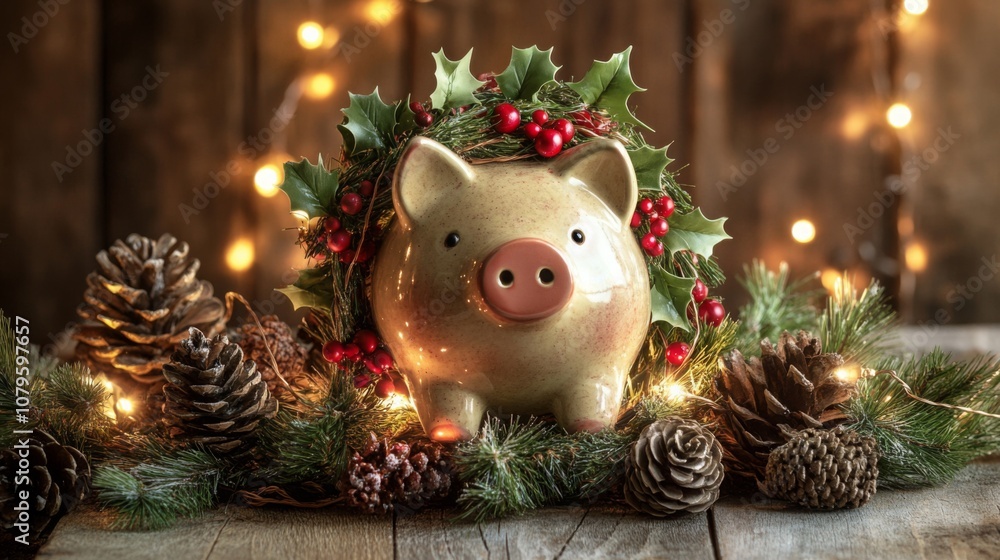 Poster a cheerful piggy bank decorated with a wreath of holly and pinecones is placed on a rustic wooden su